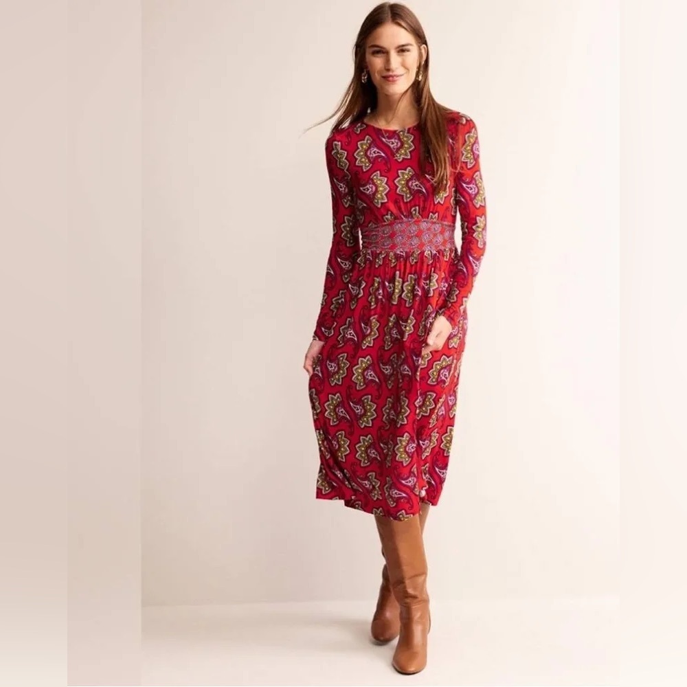 Boden Thea Long Sleeve Jersey Maxi Dress 16/18 Red Paisley